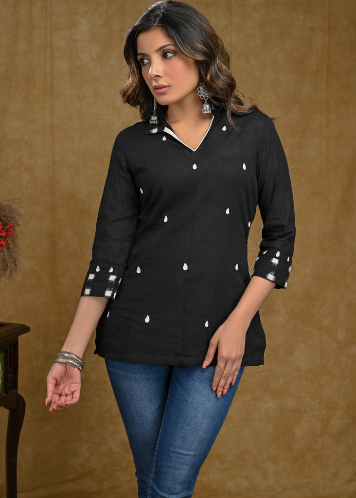 Black Cotton Top with White All Over Embroidery and Ikat collar