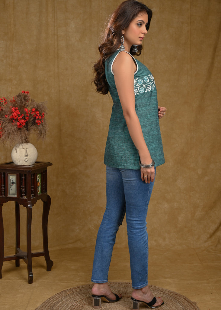 Sleeveless Turquoise Green Cotton Top with Beautiful Embroidery