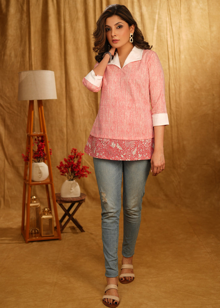 Casual Sweet Pink Layered Top with Classic Cutaway Collar and Roll Up Sleeves