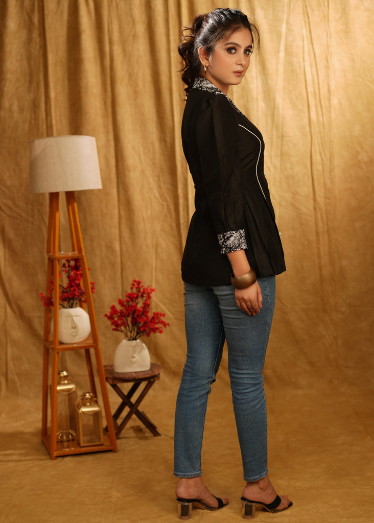 Elegant Black Top with Printed Collar, Printed Buttons & Printed Facing on Sleeves.