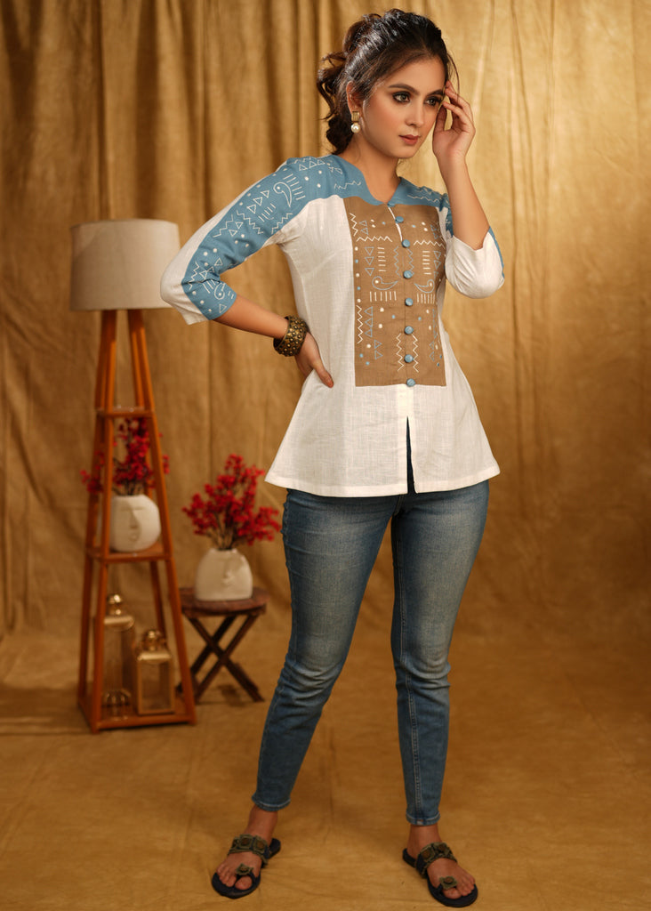 Exclusive White Cotton Shirt with Beautiful Tribal Patchwork Embroidery on Yoke and Sleeves