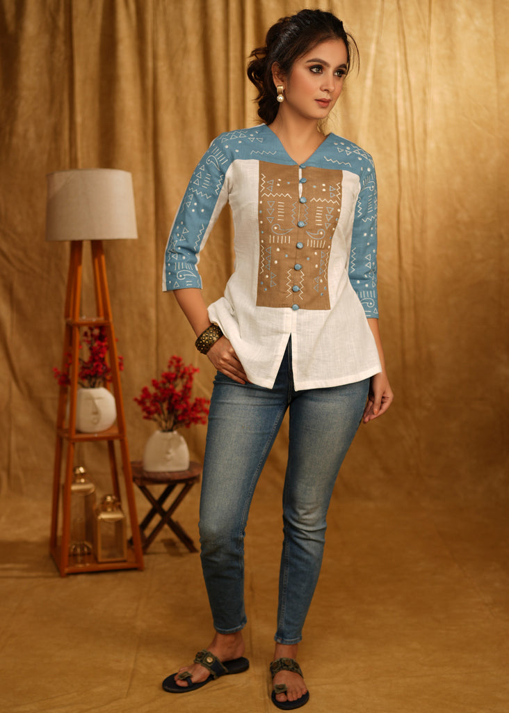 Exclusive White Cotton Shirt with Beautiful Tribal Patchwork Embroidery on Yoke and Sleeves