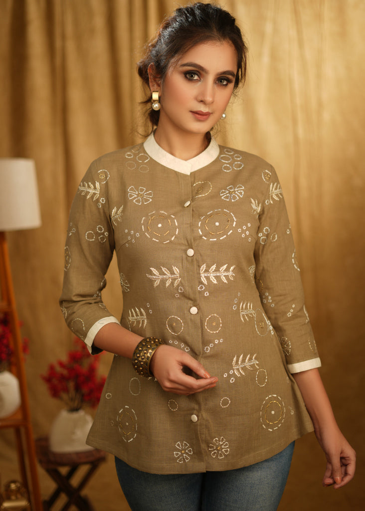 Exclusive Cotton Beige Full Embroidered Cotton Top