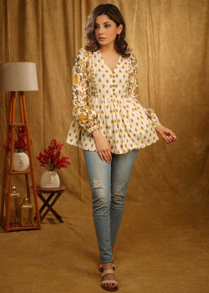 Exclusive Cotton Mustard Floral Gathered Top with Beautiful Merging Embroidery on Sleeves and Yoke