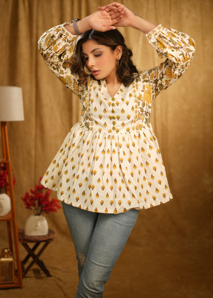 Exclusive Cotton Mustard Floral Gathered Top with Beautiful Merging Embroidery on Sleeves and Yoke
