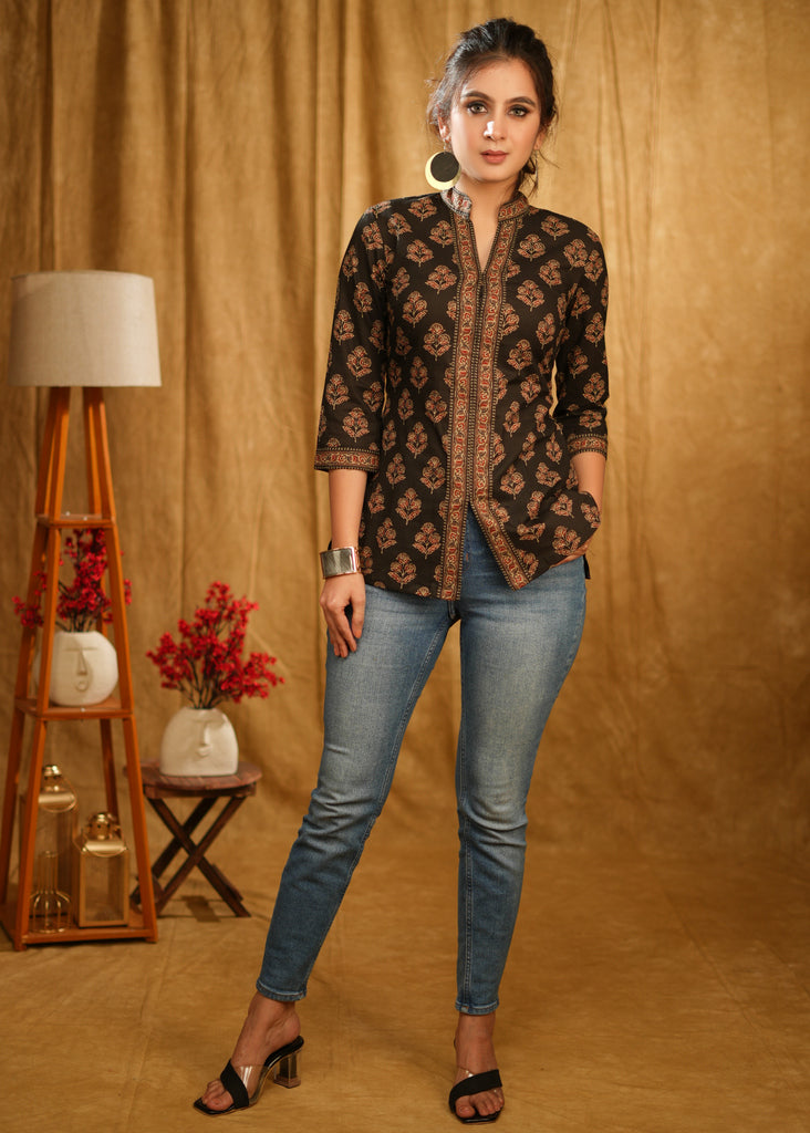 Exclusive Floral Ajrakh Top with Mandarin Collar
