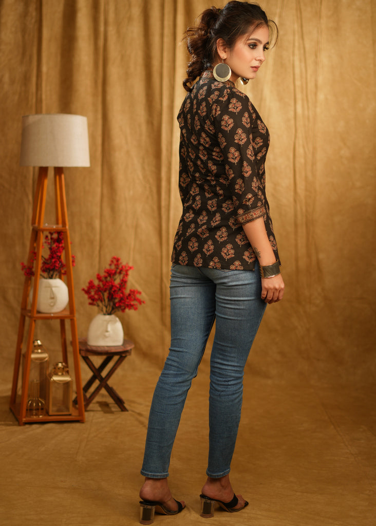 Exclusive Floral Ajrakh Top with Mandarin Collar