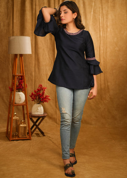 Navy Blue Cotton Top with Embroidery on Neckline & Ruffle Sleeves