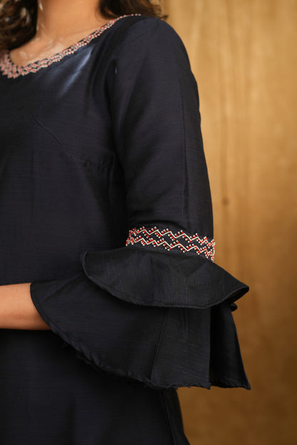 Navy Blue Cotton Top with Embroidery on Neckline & Ruffle Sleeves