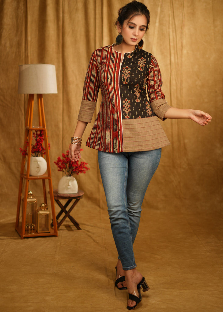 Smart Ajrakh Combination Casual Top with Pintux on Sleeves