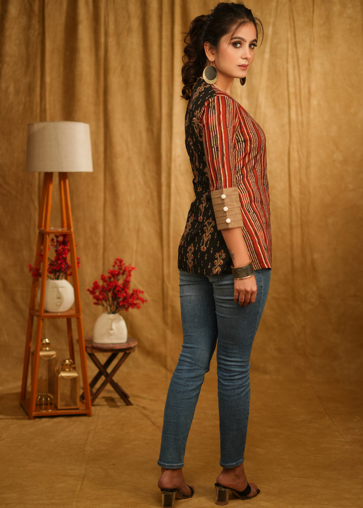 Smart Ajrakh Combination Casual Top with Pintux on Sleeves