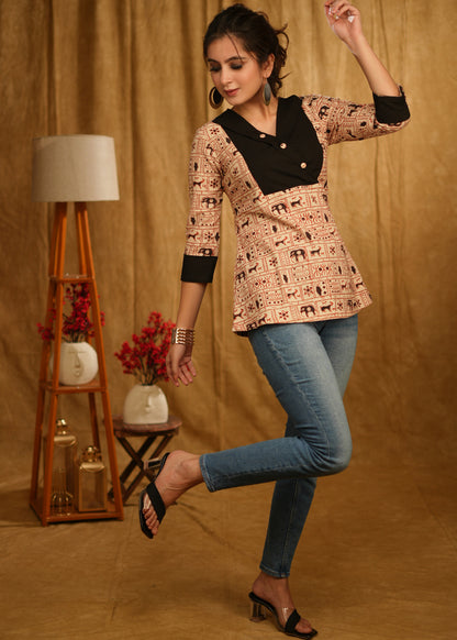 Exclusive Animal Print Top with with Black Cuffs and Wooden Buttons
