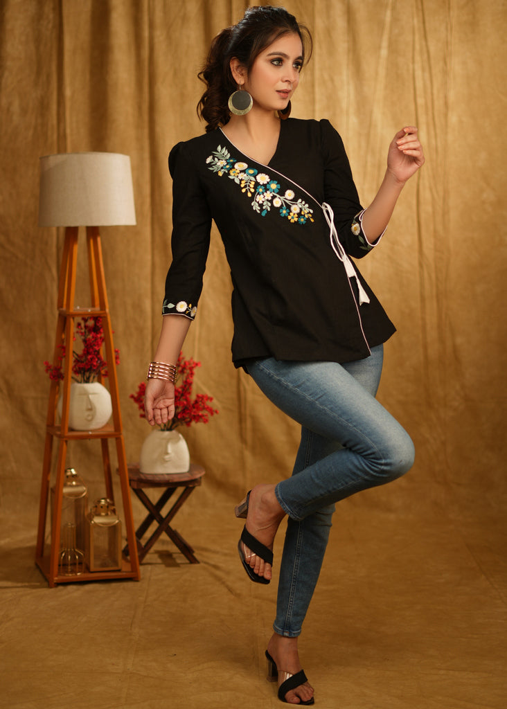 Elegant Casual Black Cotton Crossover Top with Beautiful Floral Embroidery on Yoke and Sleeves with Side Tie-Up