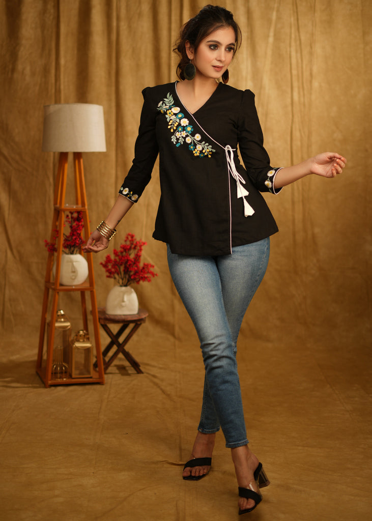Elegant Casual Black Cotton Crossover Top with Beautiful Floral Embroidery on Yoke and Sleeves with Side Tie-Up