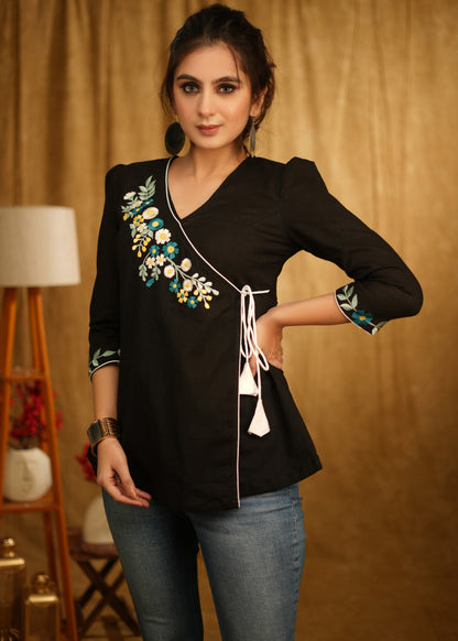 Elegant Casual Black Cotton Crossover Top with Beautiful Floral Embroidery on Yoke and Sleeves with Side Tie-Up