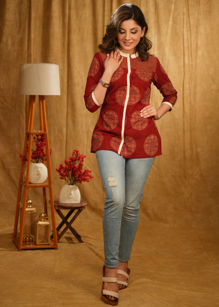 Maroon Ajrakh Cotton Top with Cream Piping