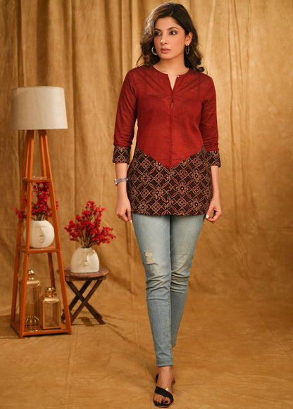 Maroon Cotton Top with Black Ajrakh Combination