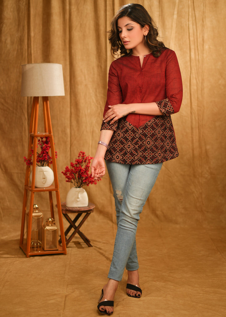 Maroon Cotton Top with Black Ajrakh Combination