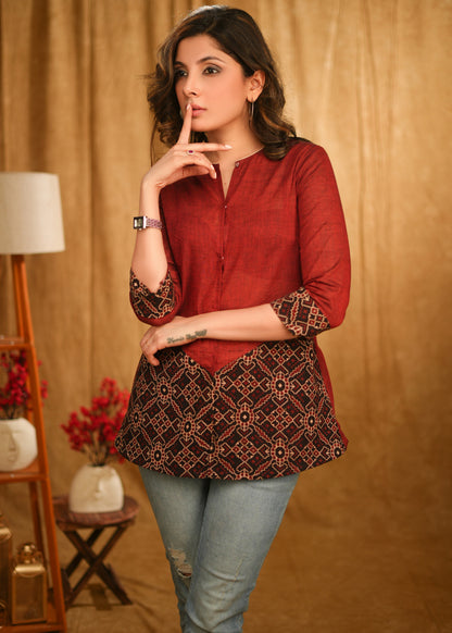 Maroon Cotton Top with Black Ajrakh Combination