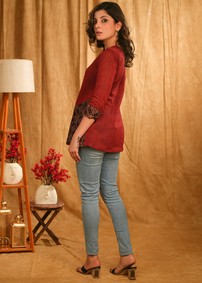 Maroon Cotton Top with Black Ajrakh Combination
