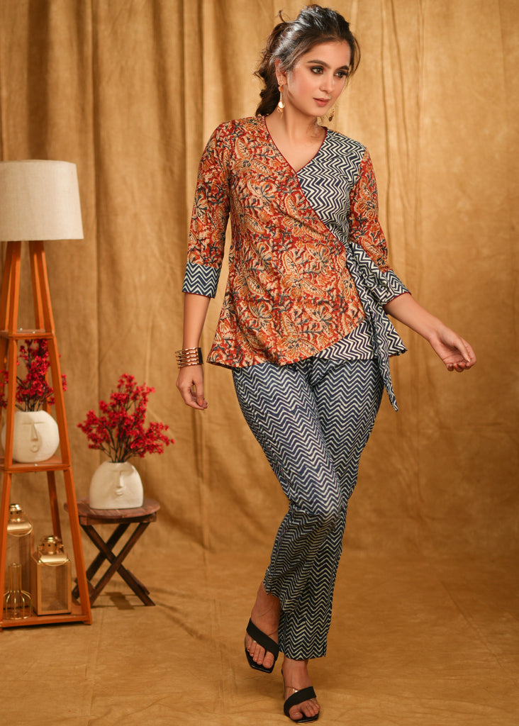 Classy Kalamkari and Indigo Combination Overlap Casual Top with Side Tie-Up
