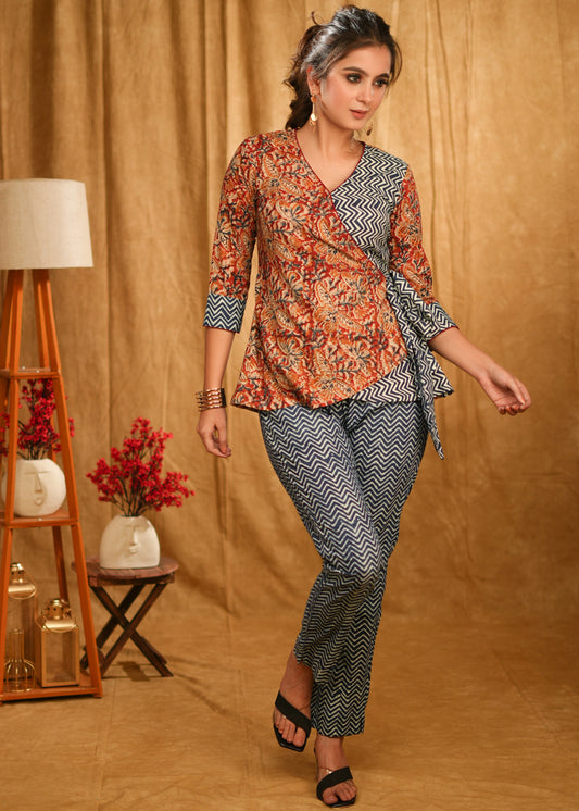 Classy Kalamkari and Indigo Combination Overlap Casual Top with Side Tie-Up