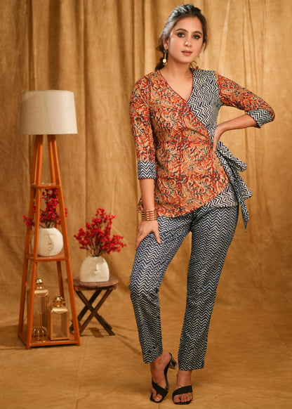 Classy Kalamkari and Indigo Combination Overlap Casual Top with Side Tie-Up