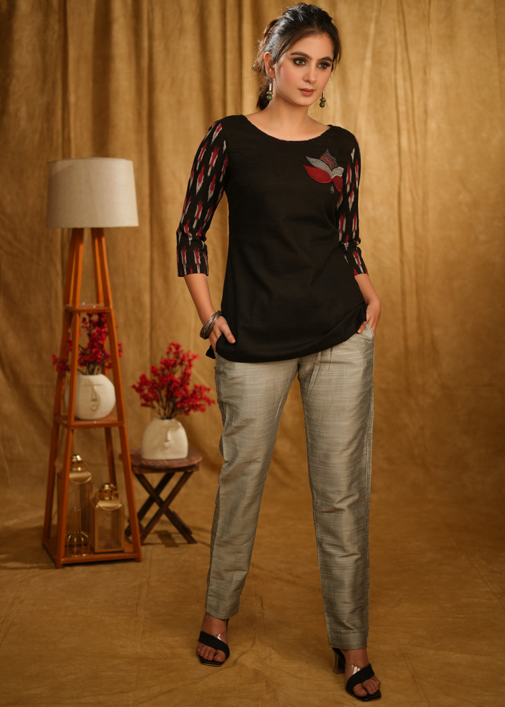 Black Cotton Top with Ikaat Sleeve and Beautiful Applique Motif