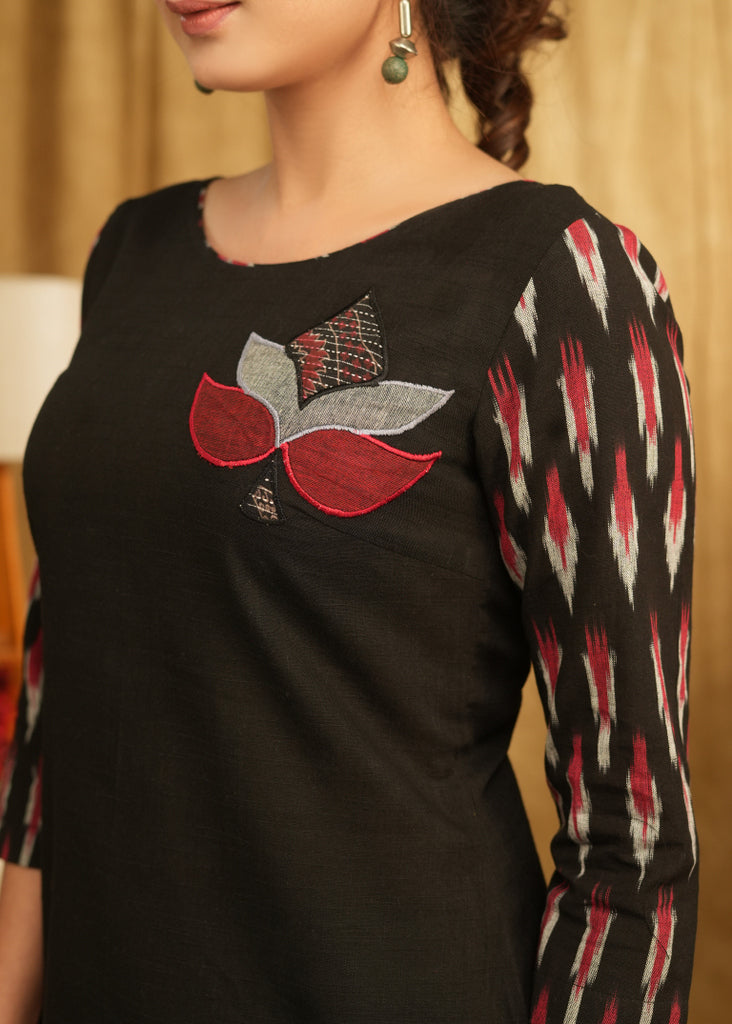 Black Cotton Top with Ikaat Sleeve and Beautiful Applique Motif