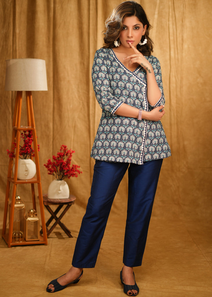 Classy Floral Kantha Indigo Crossover Top with Beautiful Embroidery on Hems