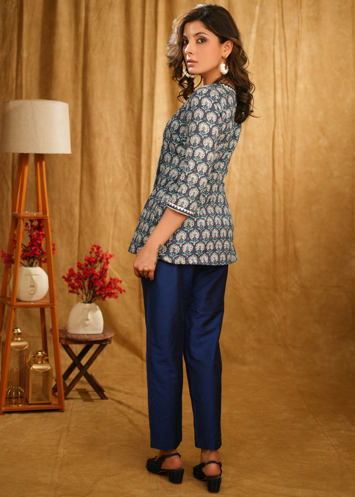 Classy Floral Kantha Indigo Crossover Top with Beautiful Embroidery on Hems