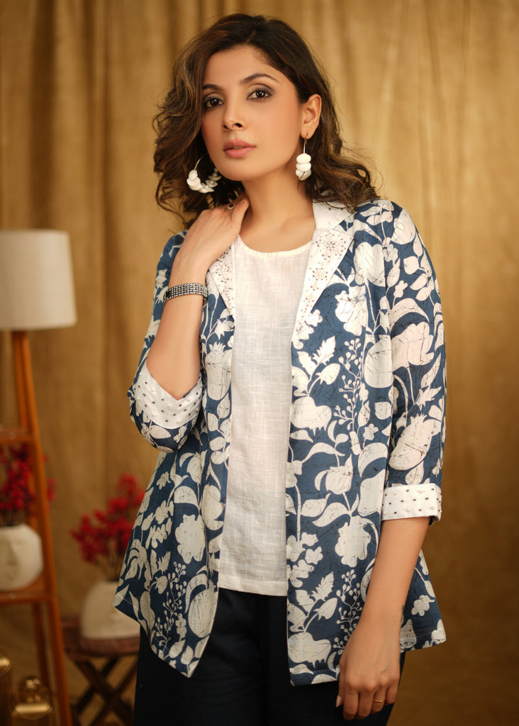 Classy Blue Printed Jacket With Beautiful Embroidery On Collar And Sleeves - Inner optional