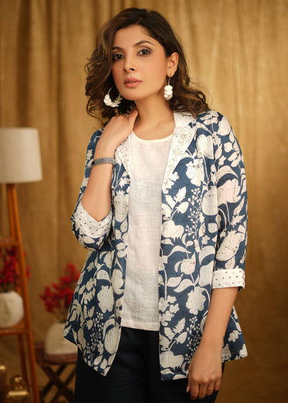 Classy Blue Printed Jacket With Beautiful Embroidery On Collar And Sleeves - Inner optional