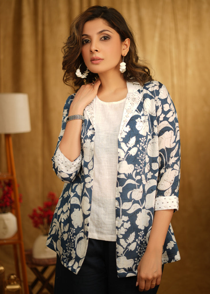 Classy Blue Printed Jacket With Beautiful Embroidery On Collar And Sleeves