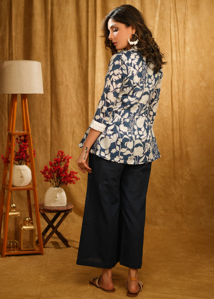 Classy Blue Printed Jacket with Beautiful Embroidery on Collar and Sleeves Paired with White Inner