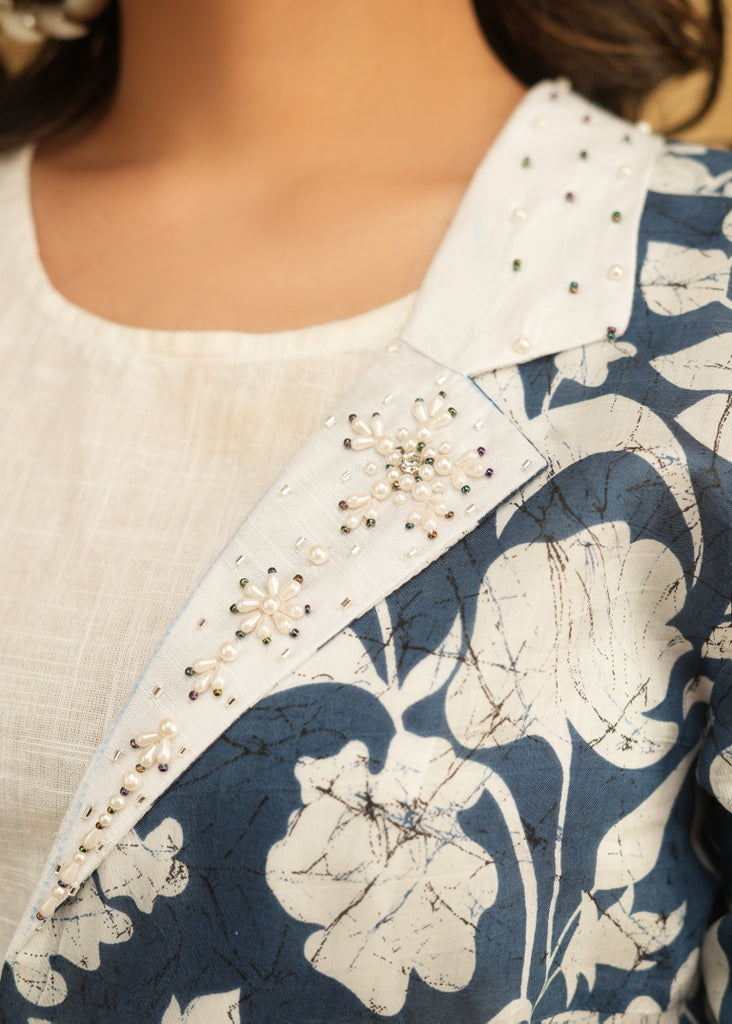 Classy Blue Printed Jacket with Beautiful Embroidery on Collar and Sleeves Paired with White Inner