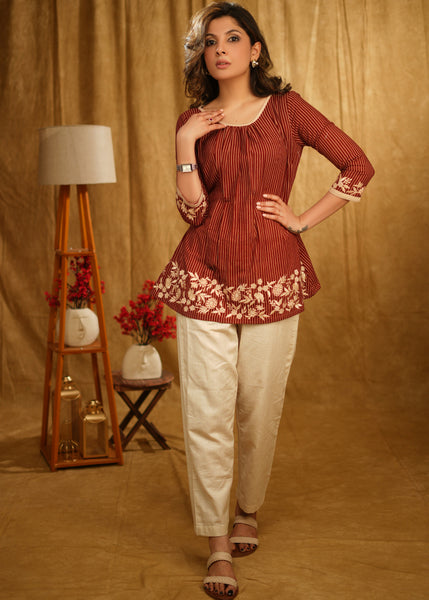 Exclusive Maroon Stripe Ajrakh Top with Beautiful Floral Embroidery on Hem and Sleeves