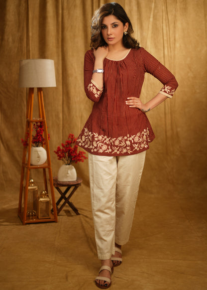 Exclusive Maroon Stripe Ajrakh Top with Beautiful Floral Embroidery on Hem and Sleeves