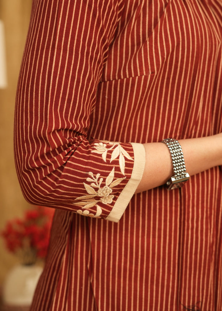 Exclusive Maroon Stripe Ajrakh Top with Beautiful Floral Embroidery on Hem and Sleeves