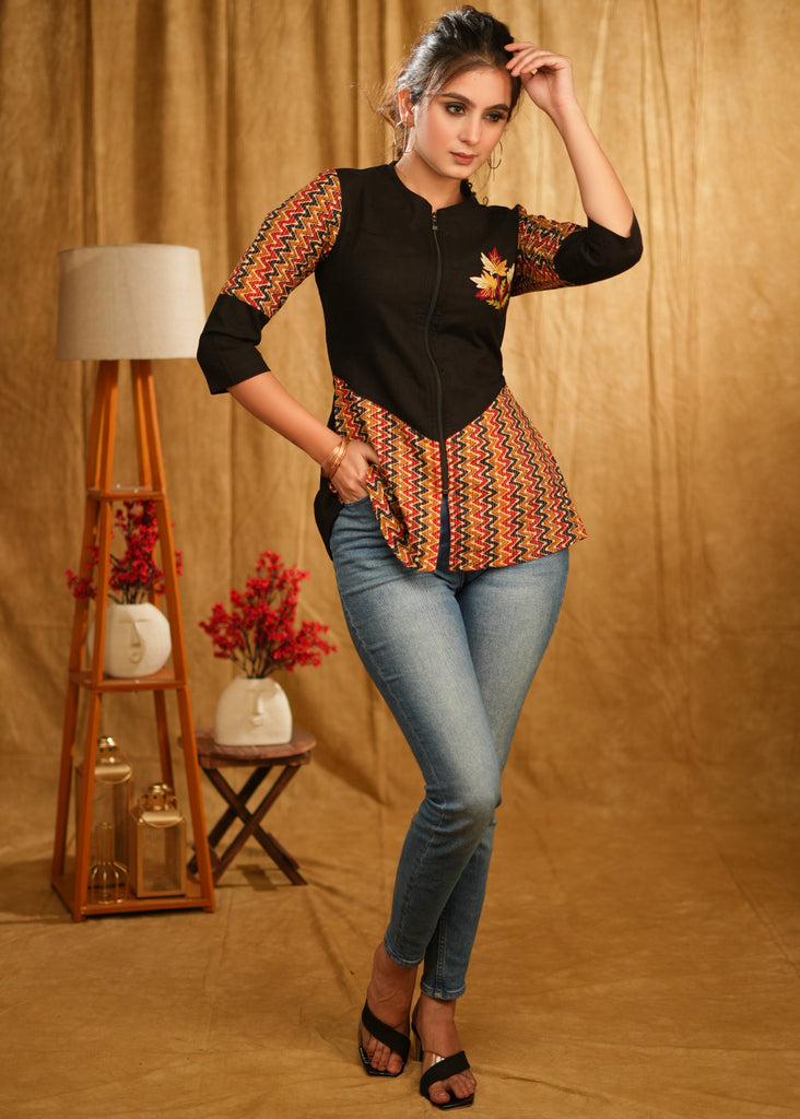Elegant Black Cotton Top with Kantha Work Print Combination & Embroidery Motif
