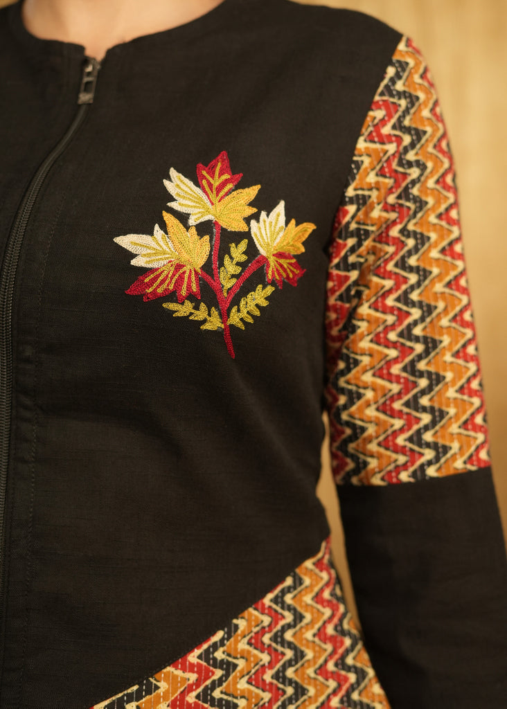 Elegant Black Cotton Top with Kantha Work Print Combination & Embroidery Motif