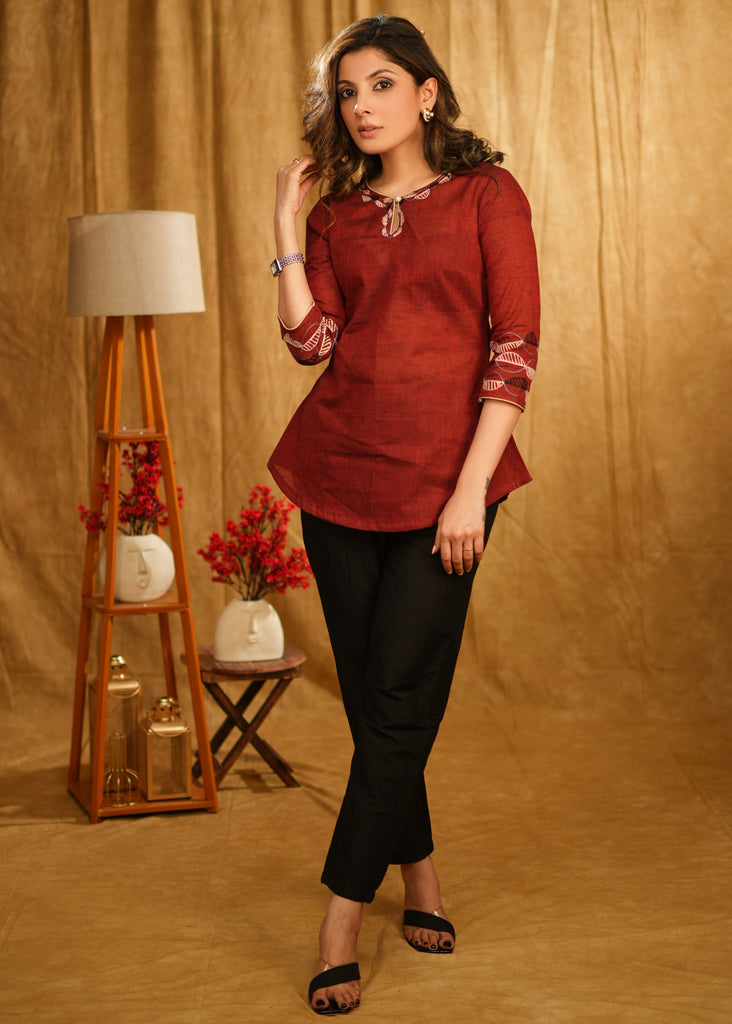 Maroon Cotton Top with Delicate Embroidery on The Neckline and Sleeves