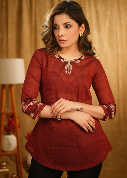 Maroon Cotton Top with Delicate Embroidery on The Neckline and Sleeves