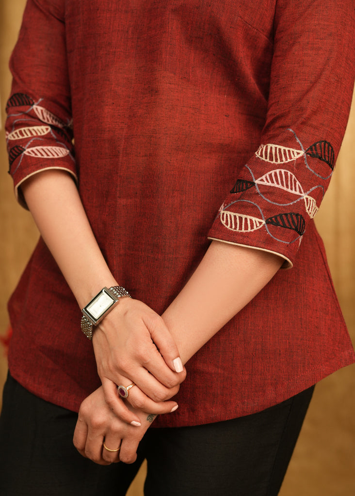 Maroon Cotton Top with Delicate Embroidery on The Neckline and Sleeves