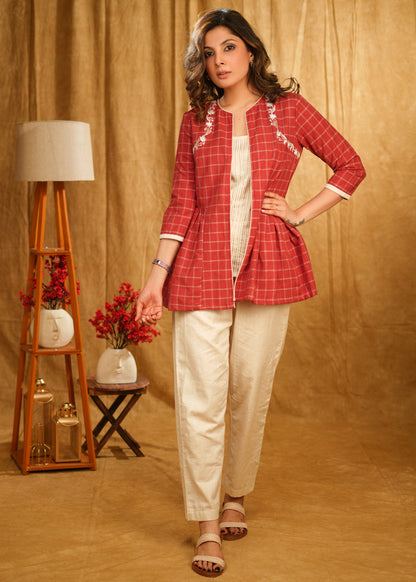 Red Checks Jacket With Delicate Embroidery - Inner and pant optional