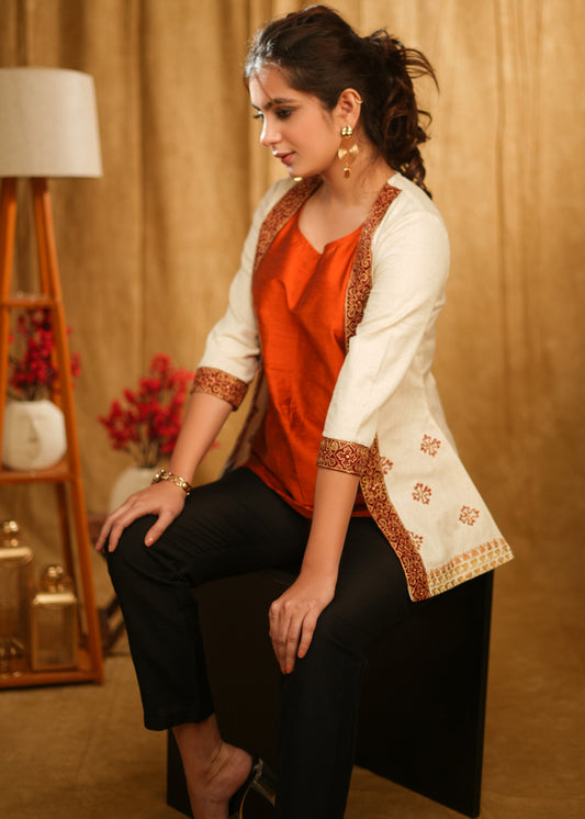 Cream Jacket with Delicate Embroidered Detailing and Rust Orange Silk Inner