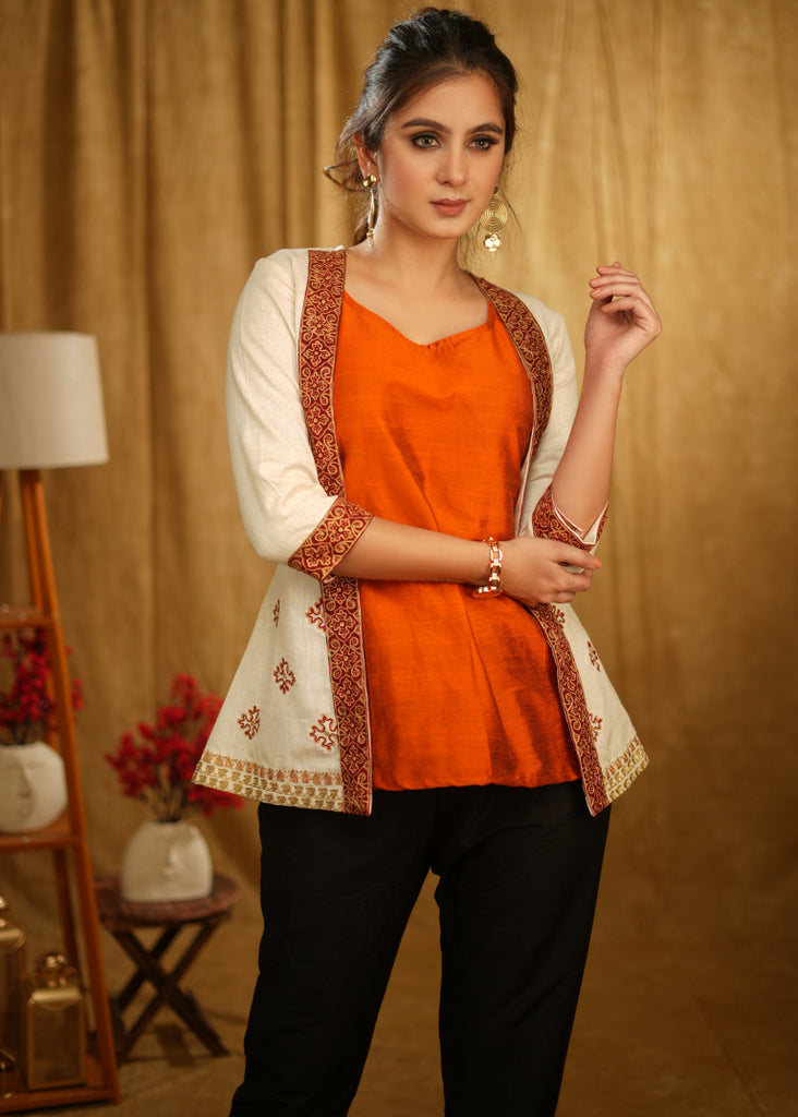 Cream Jacket with Delicate Embroidered Detailing and Rust Orange Silk Inner