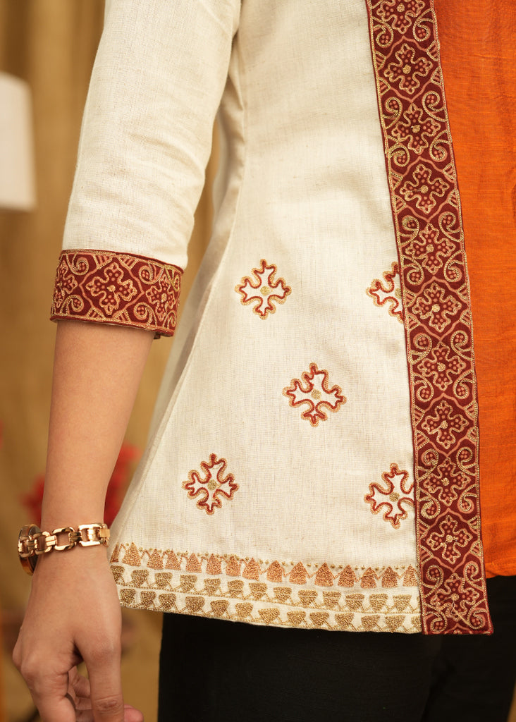 Cream Jacket with Delicate Embroidered Detailing and Rust Orange Silk Inner