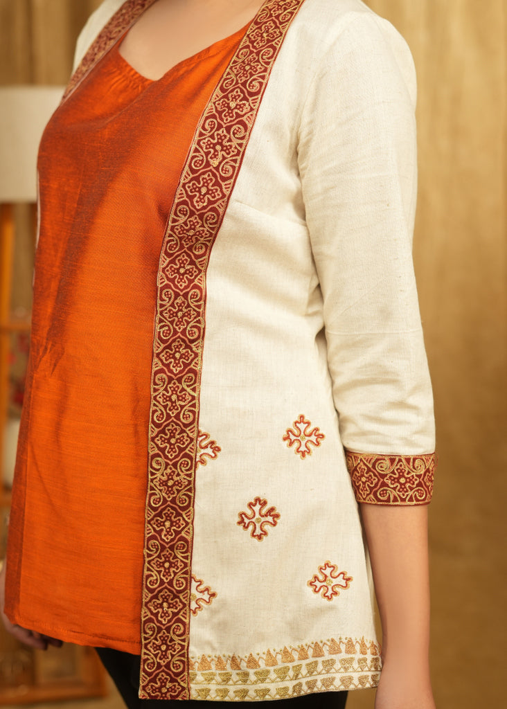 Cream Jacket with Delicate Embrodiered Detailing and Rust Orange Silk Inner