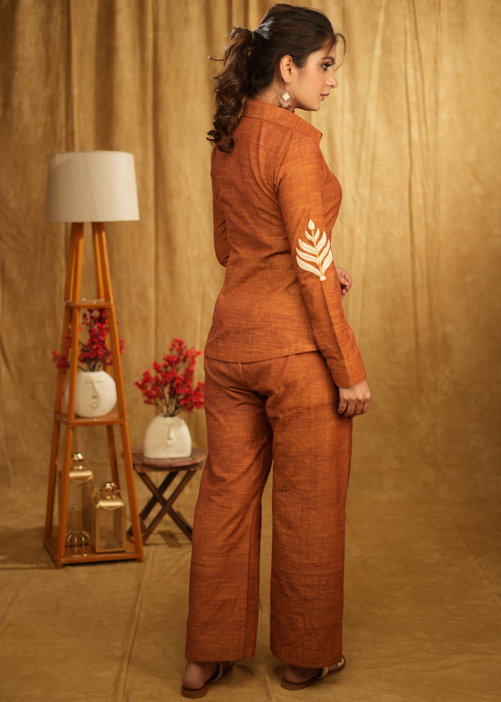Rust Cotton Shirt with Leave Embroidered Motif